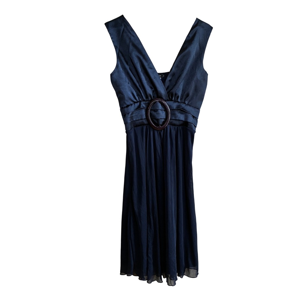 Vintage Star Vixen V-Neck Cocktail Dress Small Navy y2k Satin Mesh O-Ring